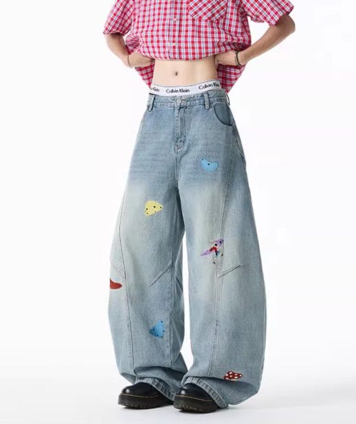 Japanese Brand Men's hip-hop wide-leg cartoon embroidered washed jeans Size US 32 / EU 48 - 1 Thumbnail