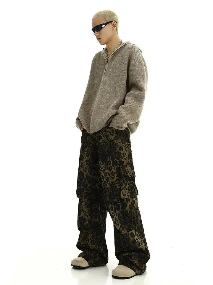Retro Leopard Print Baggy Wide Leg Casual Jeans Trousers
