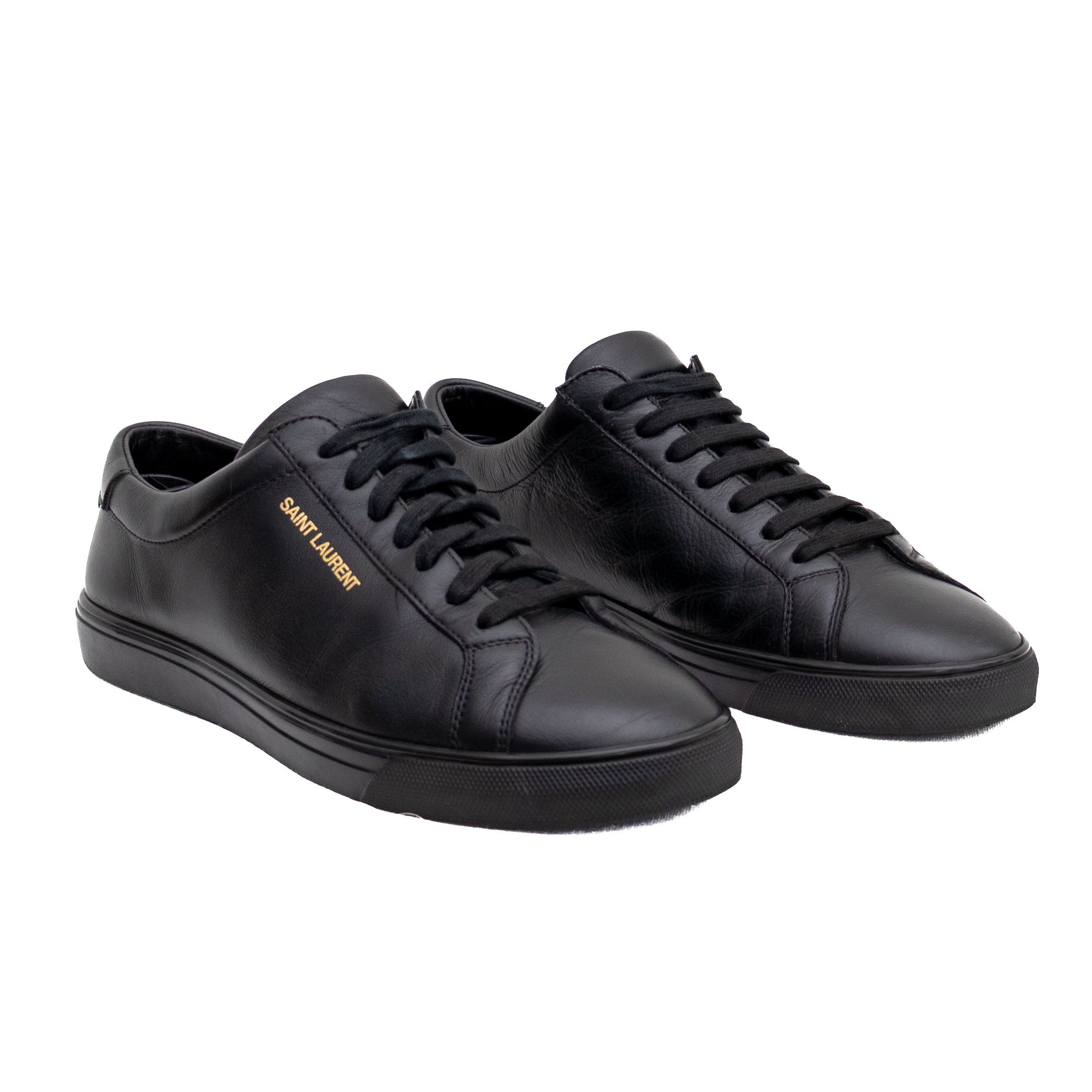 SAINT LAURENT ANDY BLACK LEATHER LOGO SNEAKERS SZ 8