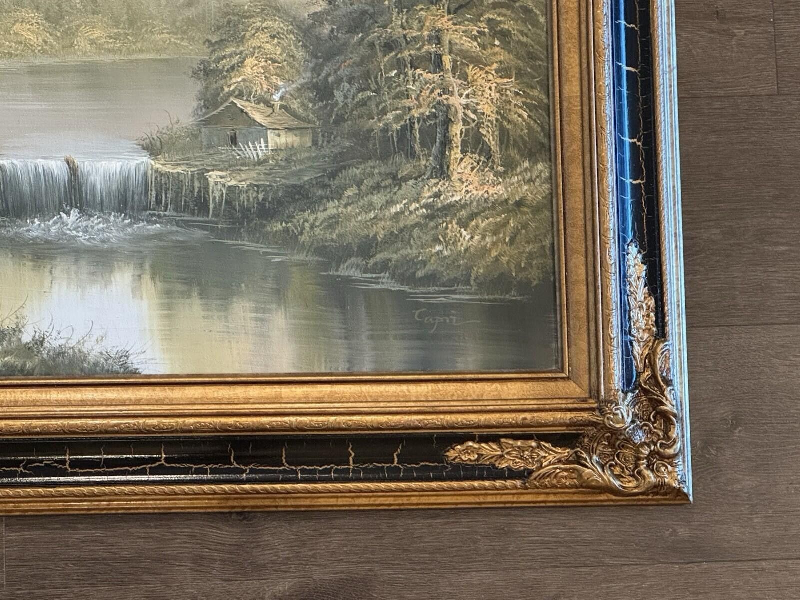 Other Original Signed “Capri” Oil Painting Forest Lake Cabin Water Size ONE SIZE - 5 Thumbnail