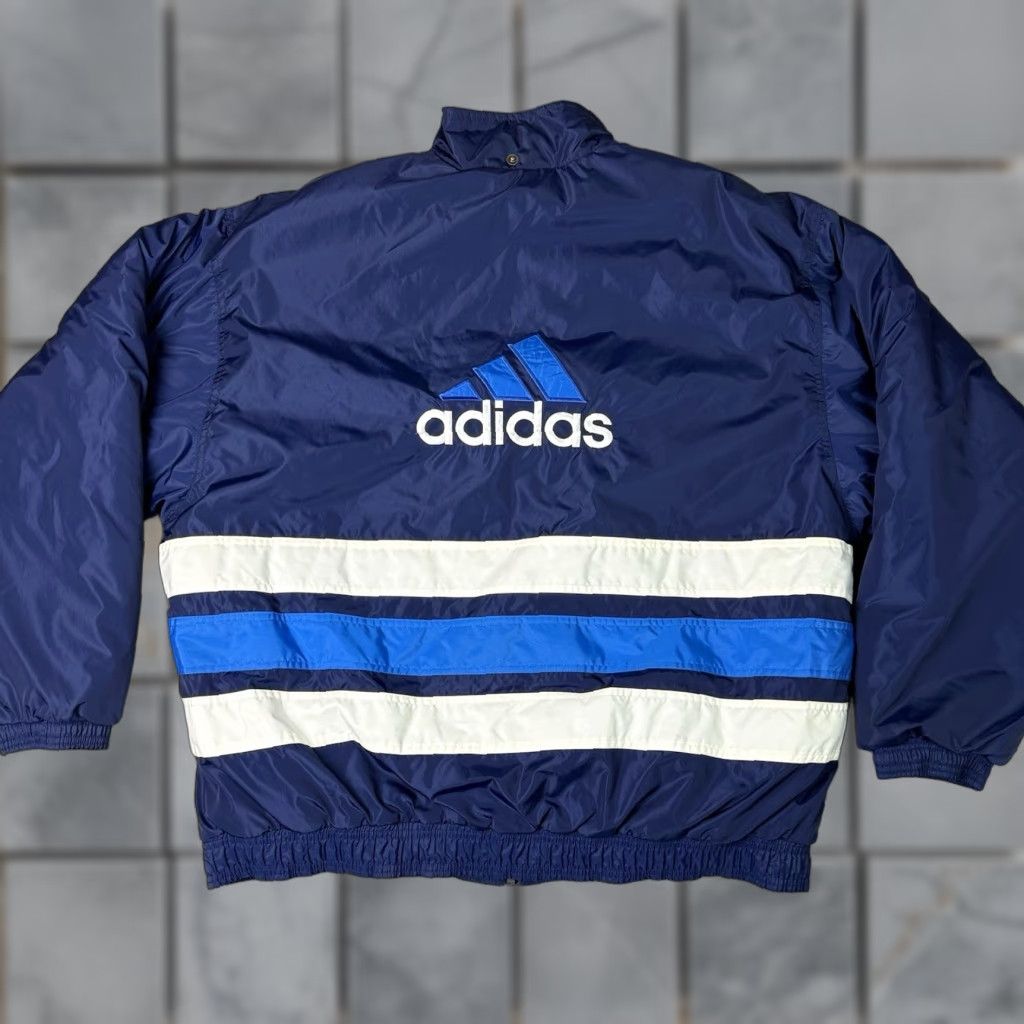 Adidas VINTAGE adidas Puffer Jacket Coat Adult XXL Blue Striped 90s Logo Zipper Size US XXL / EU 58 / 5 - 1 Thumbnail