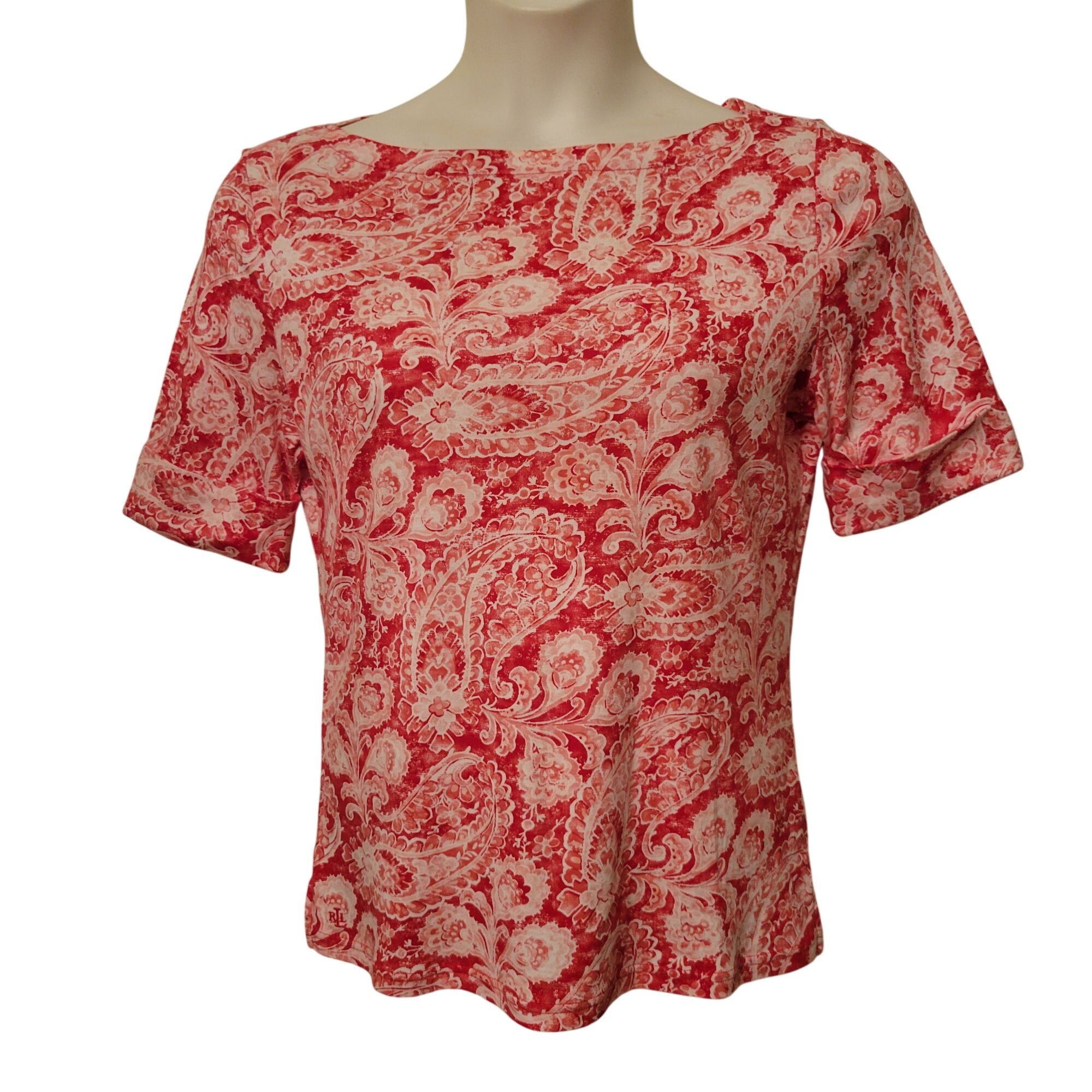 Lauren Ralph Lauren Ralph Lauren Red White Paisley Stretch Top L Cotton Boat Nec Size L / US 10 / IT 46 - 1 Thumbnail