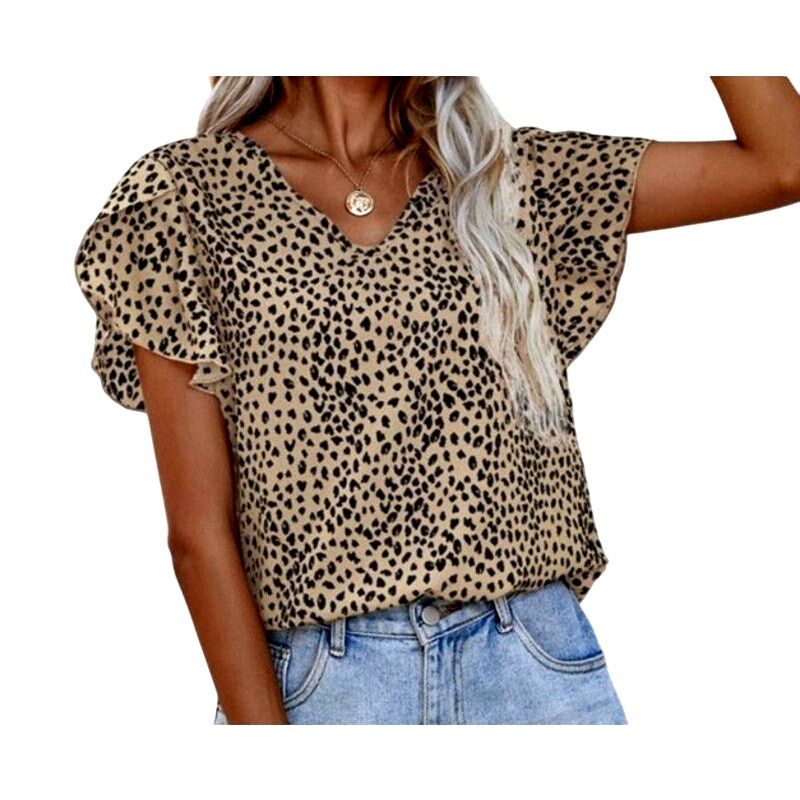 Shein Shein Tan Black Leopard V-Neck Petal Short Sleeve Top Size S / US 4 / IT 40 - 3 Thumbnail