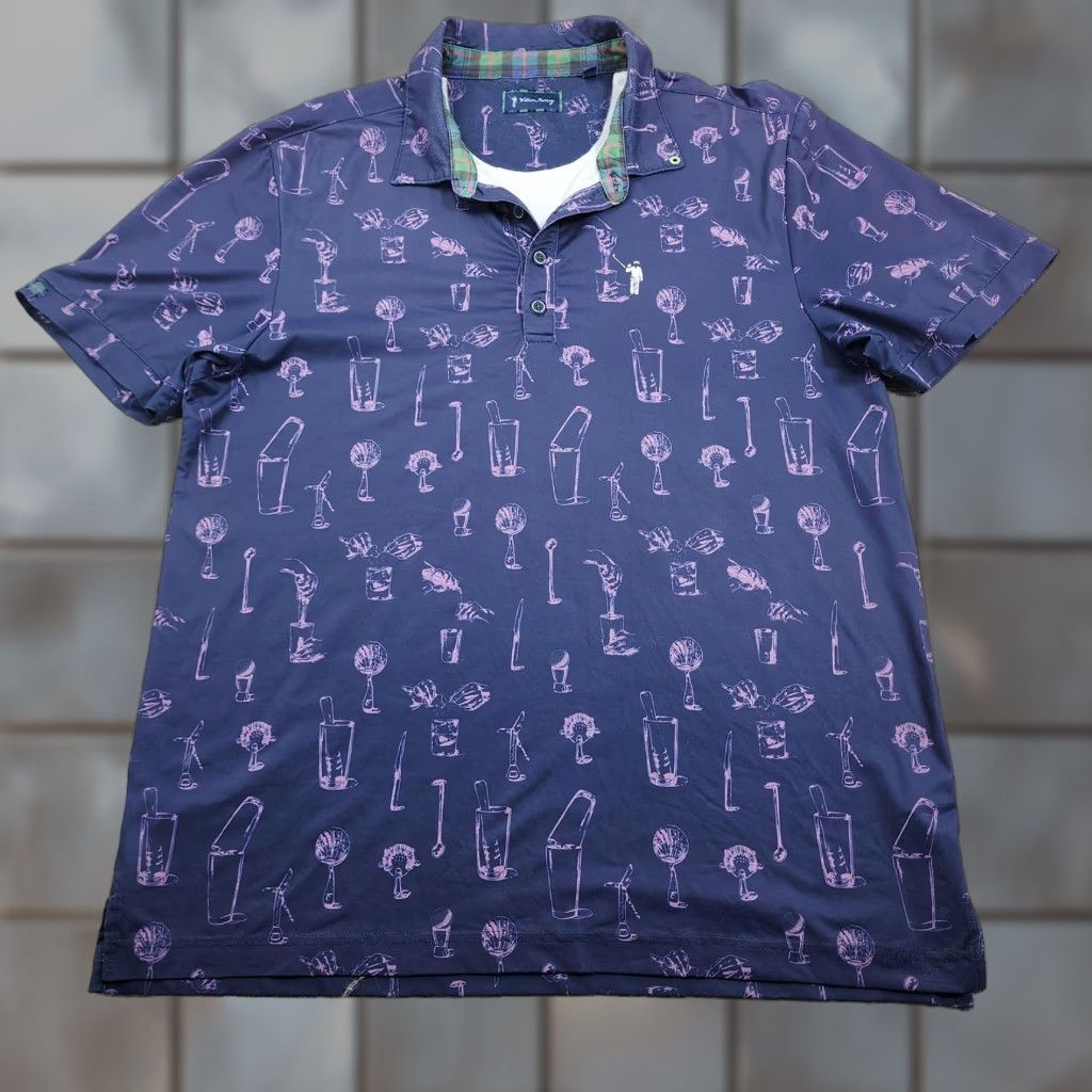 Vintage William Murray Polo Shirt Mens Large Navy Pink Golf Cocktails Print Performance Shirt Size US L / EU 52-54 / 3 - 1 Thumbnail