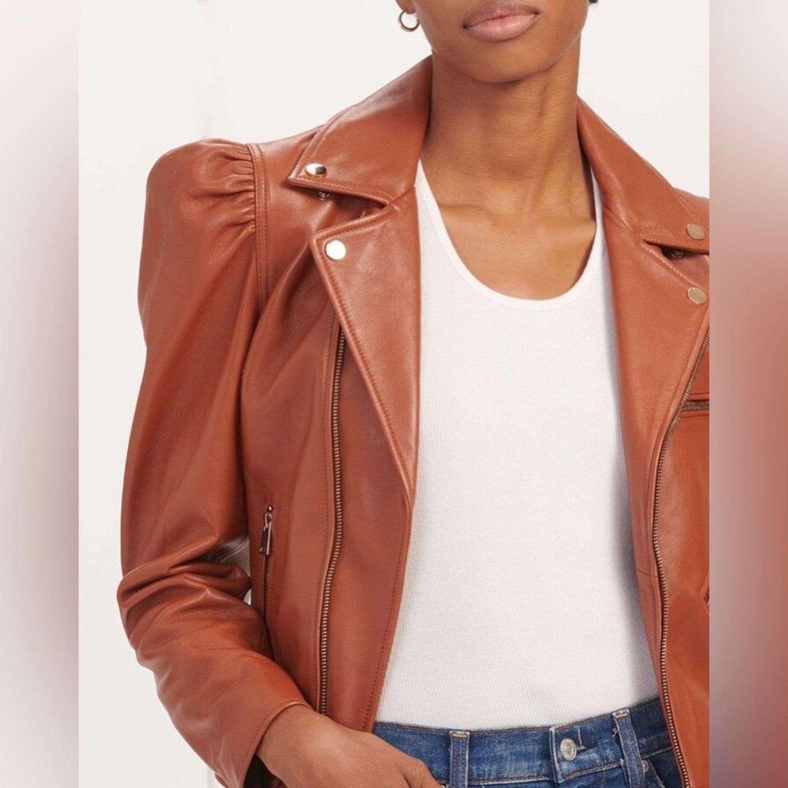 7 For All Mankind 7 For All Mankind Leather Puff Sleeve Moto Jacket in Spice Size S / US 4 / IT 40 - 3 Thumbnail