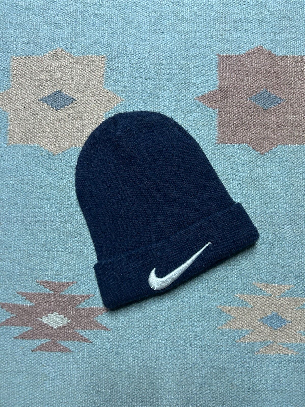 Vintage Vtg acrylic knit beanie winter Nike swoosh check logo OSFA Size ONE SIZE - 1 Thumbnail