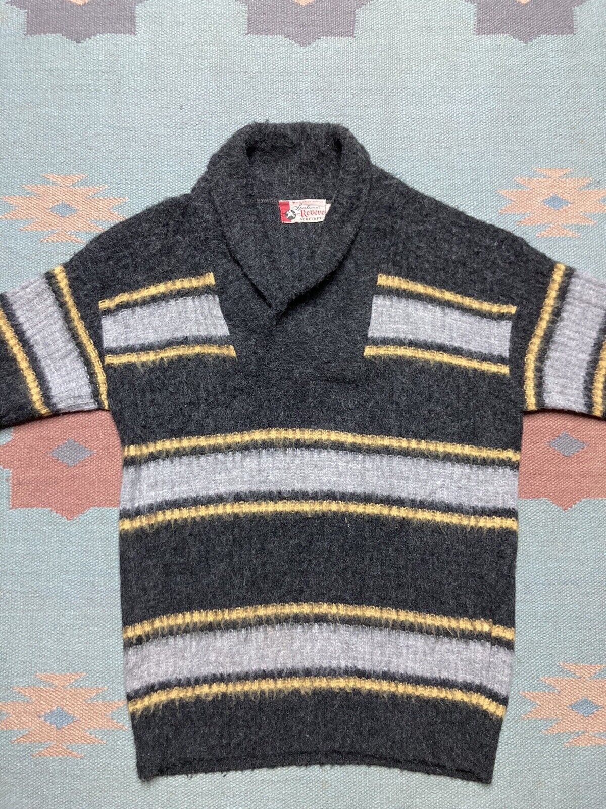 Vintage 60s acrylic sweater shawl collar shag hairy mohair stripe M Size US M / EU 48-50 / 2 - 2 Thumbnail