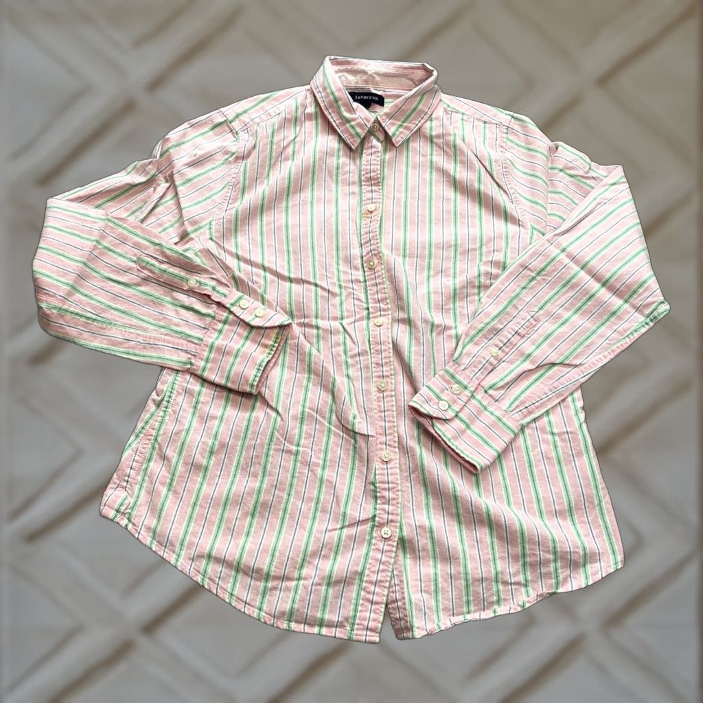 Lands' End Lands' End Shirt Adult 10 Pink Striped Collared Long Sleeve Button-Up Size L / US 10 / IT 46 - 1 Thumbnail