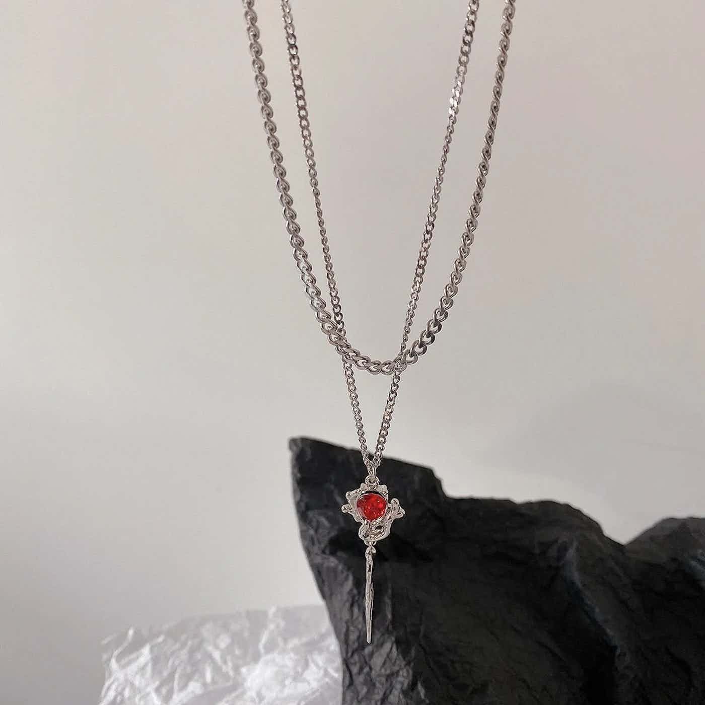 Jewelry Double Layer Red Zircon Rose Necklace Size ONE SIZE - 4 Thumbnail
