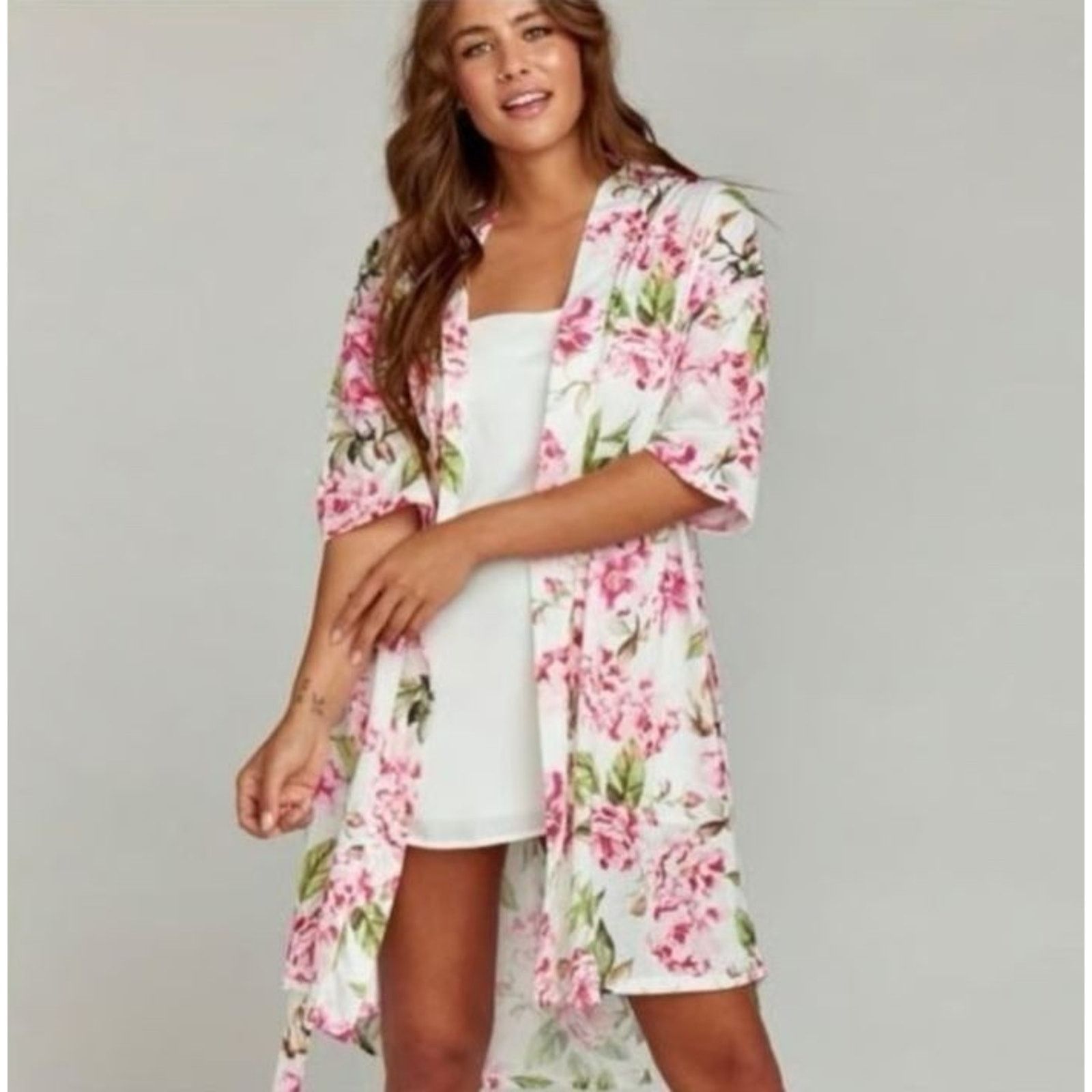 Show Me Your MuMu Show Me Your Mumu Floral Kimono Robe Polyester Pink & Green Size ONE SIZE - 7 Thumbnail