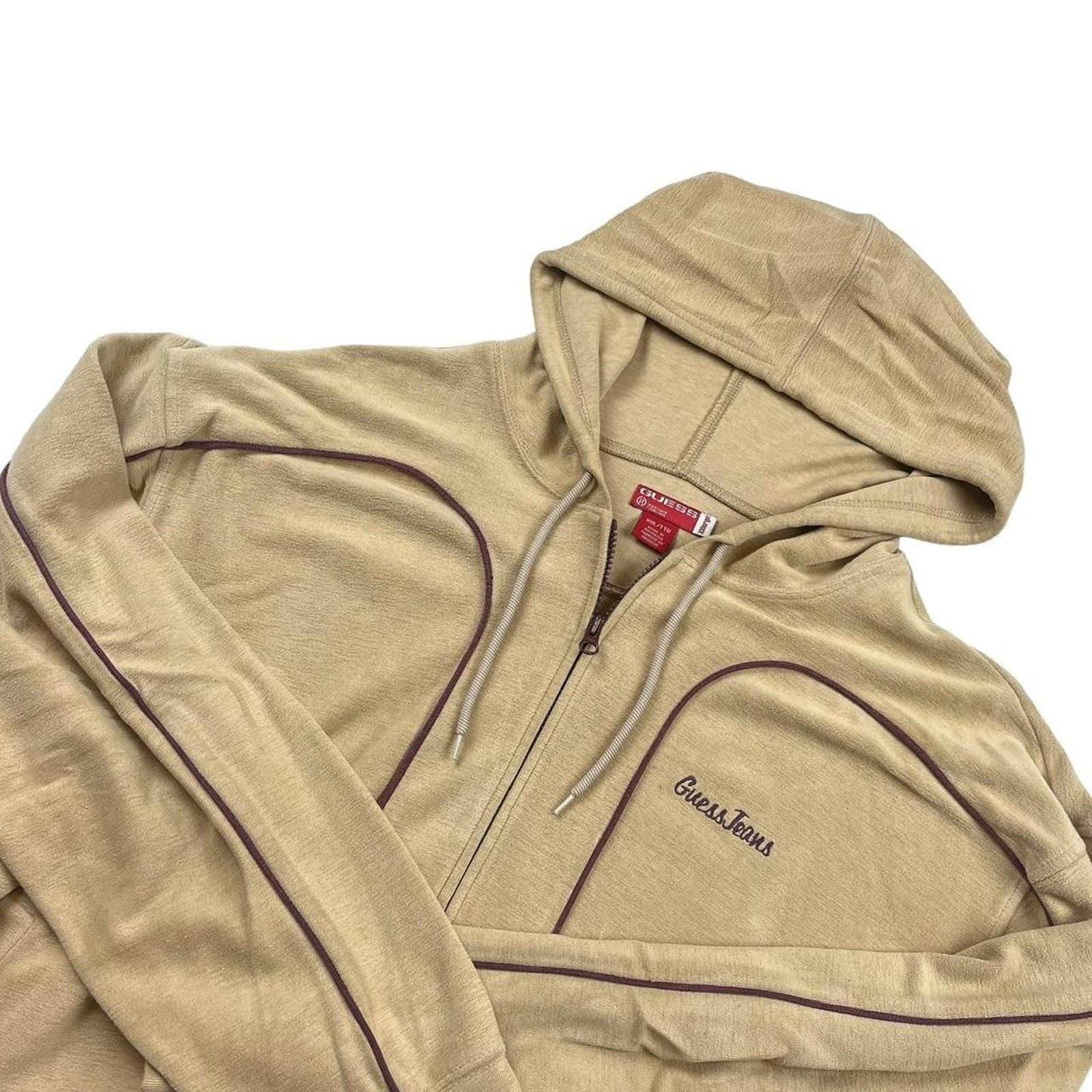 image of Vintage Y2K Guess Jeans Velour Zip Up Jacket in Tan, Men's (Size 2XL)