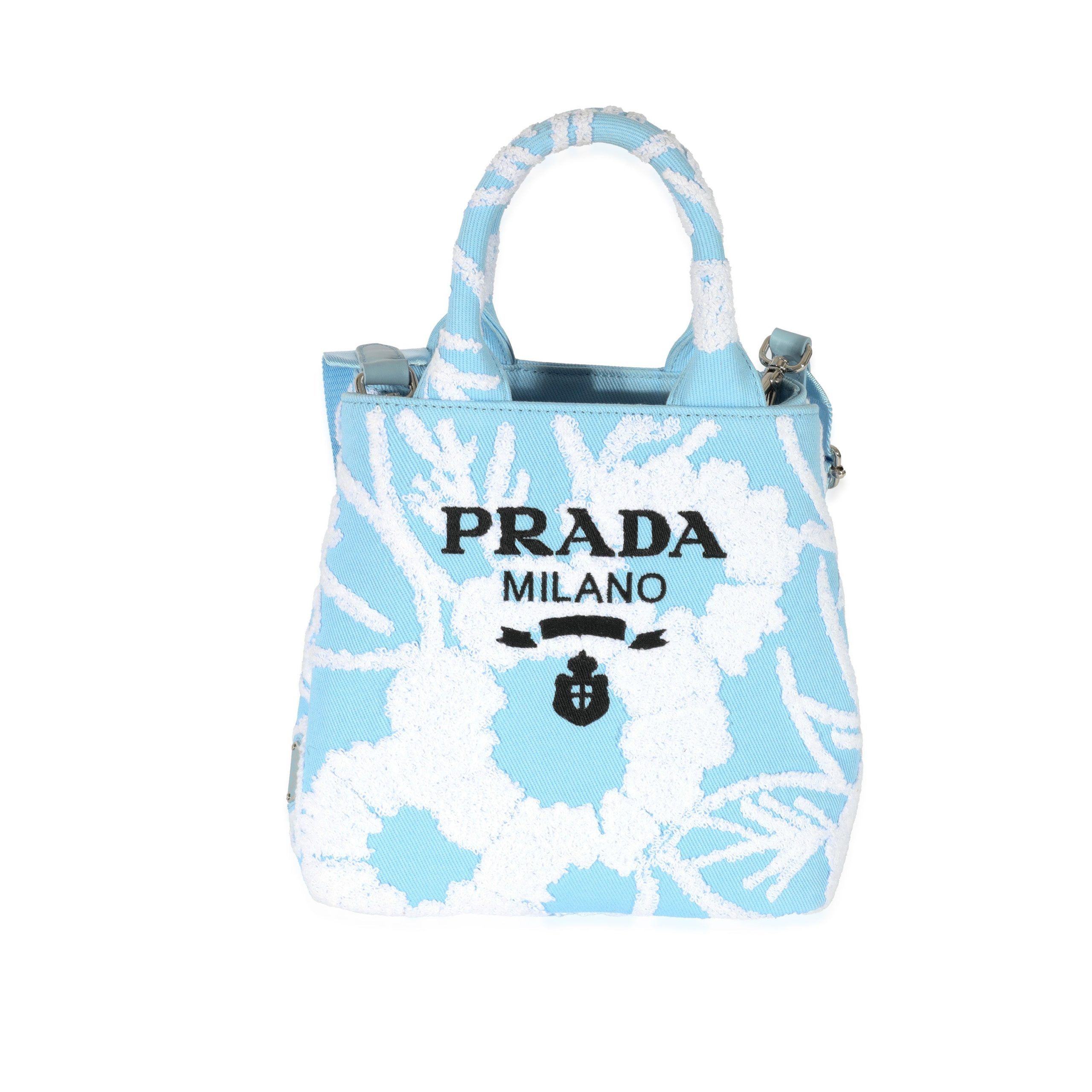 image of Prada Blue White Embroidered Drill Top Handle, Women's