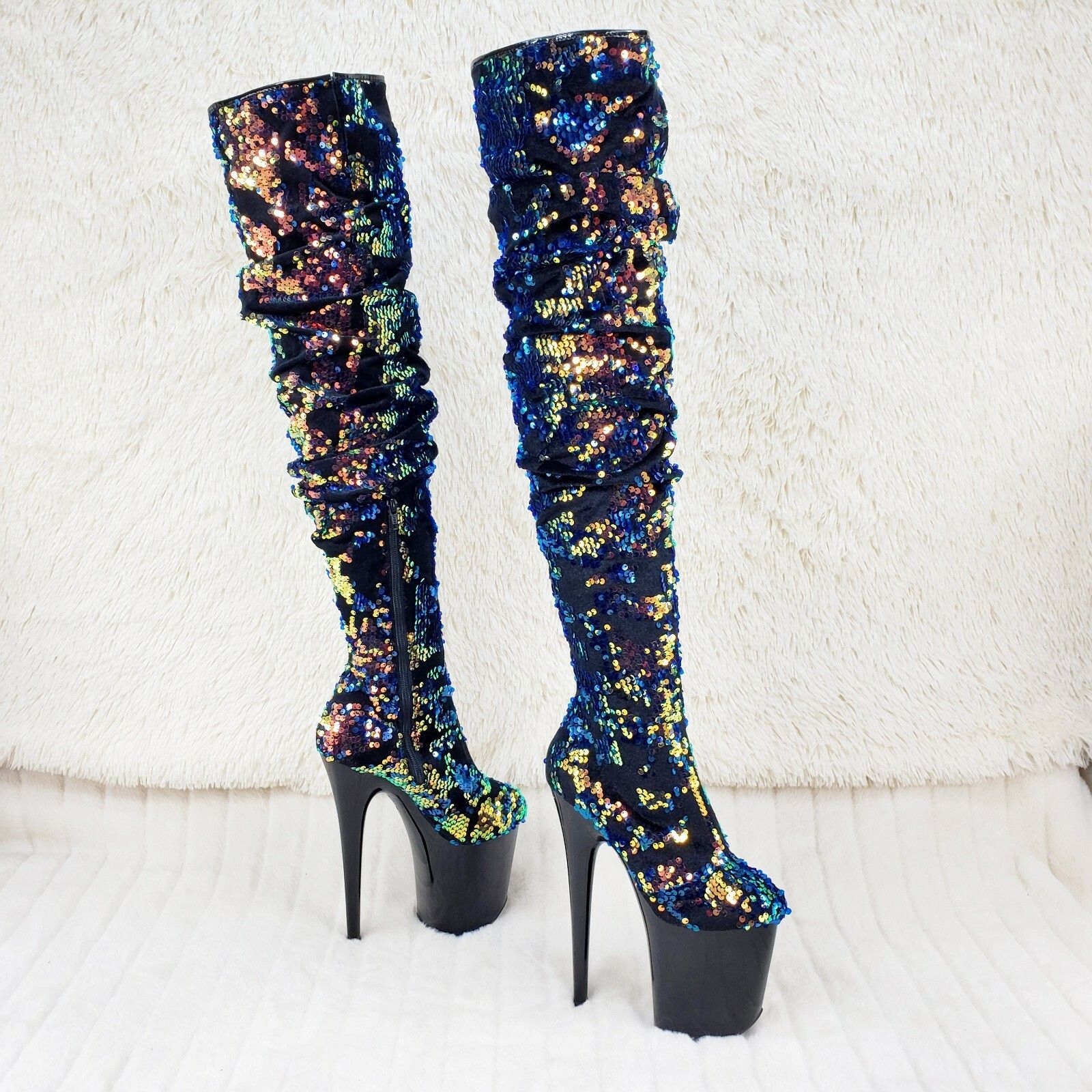 Other Flamingo 3004 Blue Sequin Slouchy Platform Thigh High Boots Size US 9 / IT 39 - 6 Thumbnail