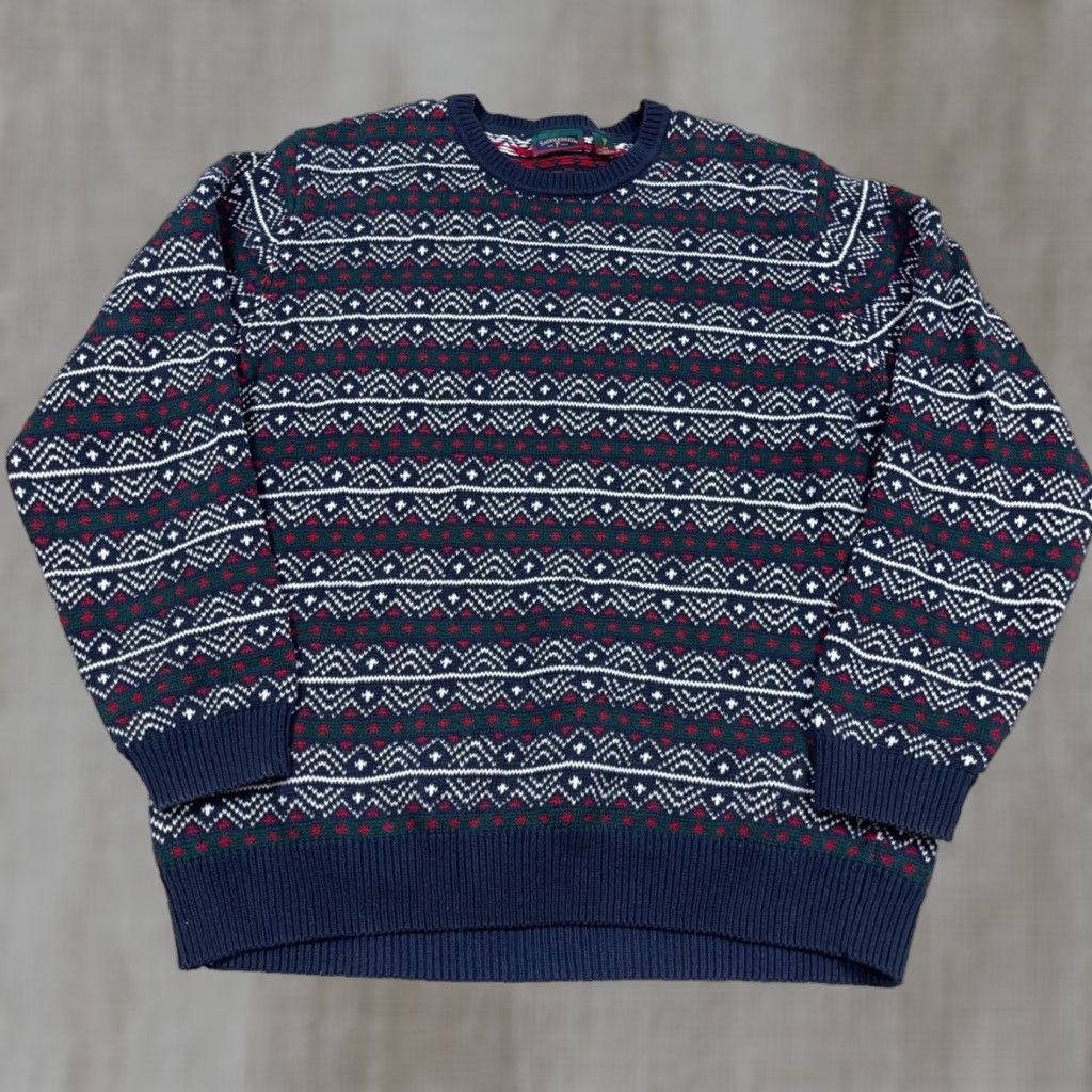 Vintage VINTAGE Grandpa Sweater Men XLT Blue Red Heavy Chunky Knit Geometric Nordic 90s Saddlebred Crew Neck Pullover Knit Size US XL / EU 56 / 4 - 1 Thumbnail