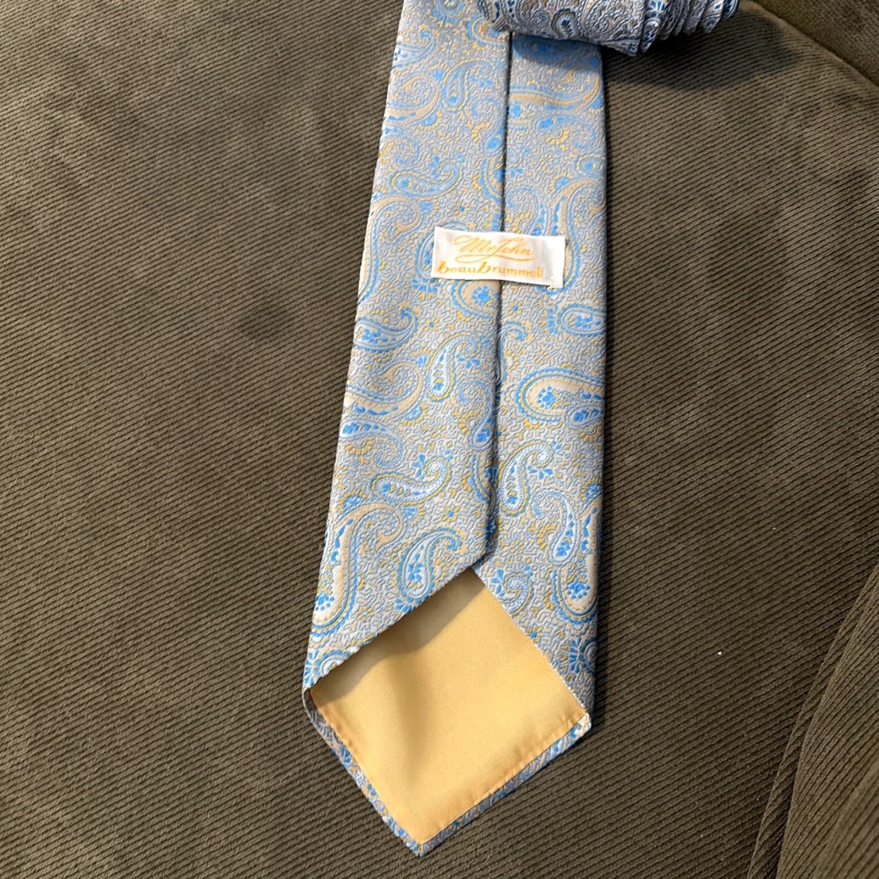 Vintage Mr John beau Brummell Mens Silk Jacquard Paisley Floral Tie Yellow Blue Size ONE SIZE - 2 Thumbnail