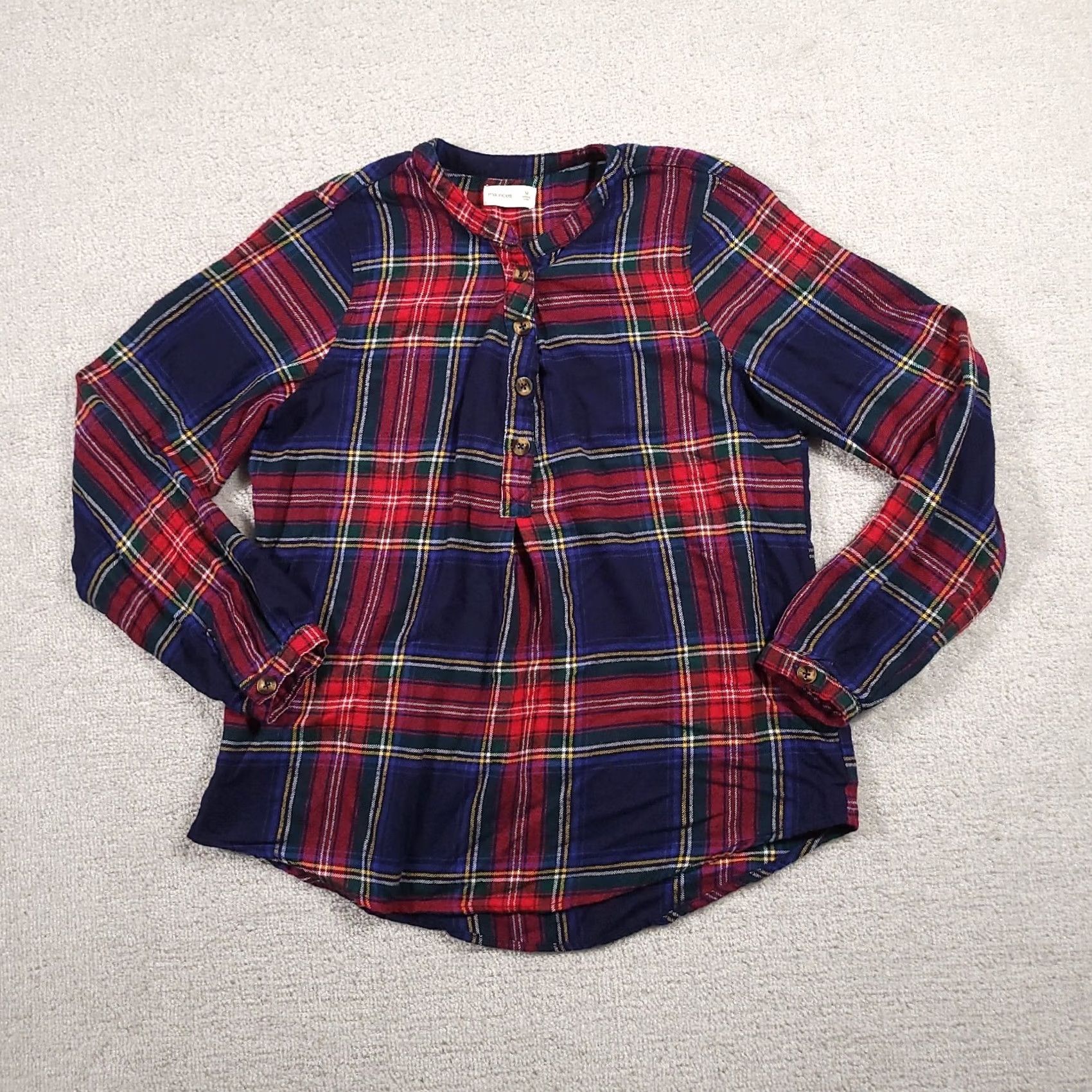 Vintage Maurices Flannel Henley Top - Womens Medium Blue Red Plaid Long Sleeve - Casual Basic Blouse Size M / US 6-8 / IT 42-44 - 2 Thumbnail