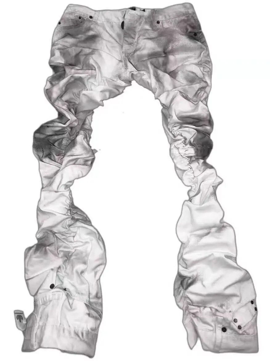 Japanese Brand White Irregular Frayed Stacked Hip Hop Street Jeans Size US 32 / EU 48 - 4 Thumbnail