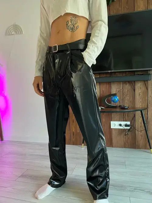 Other Leather Trousers Side Tight Waist Loose Casual Pants Size US 36 / EU 52 - 3 Thumbnail