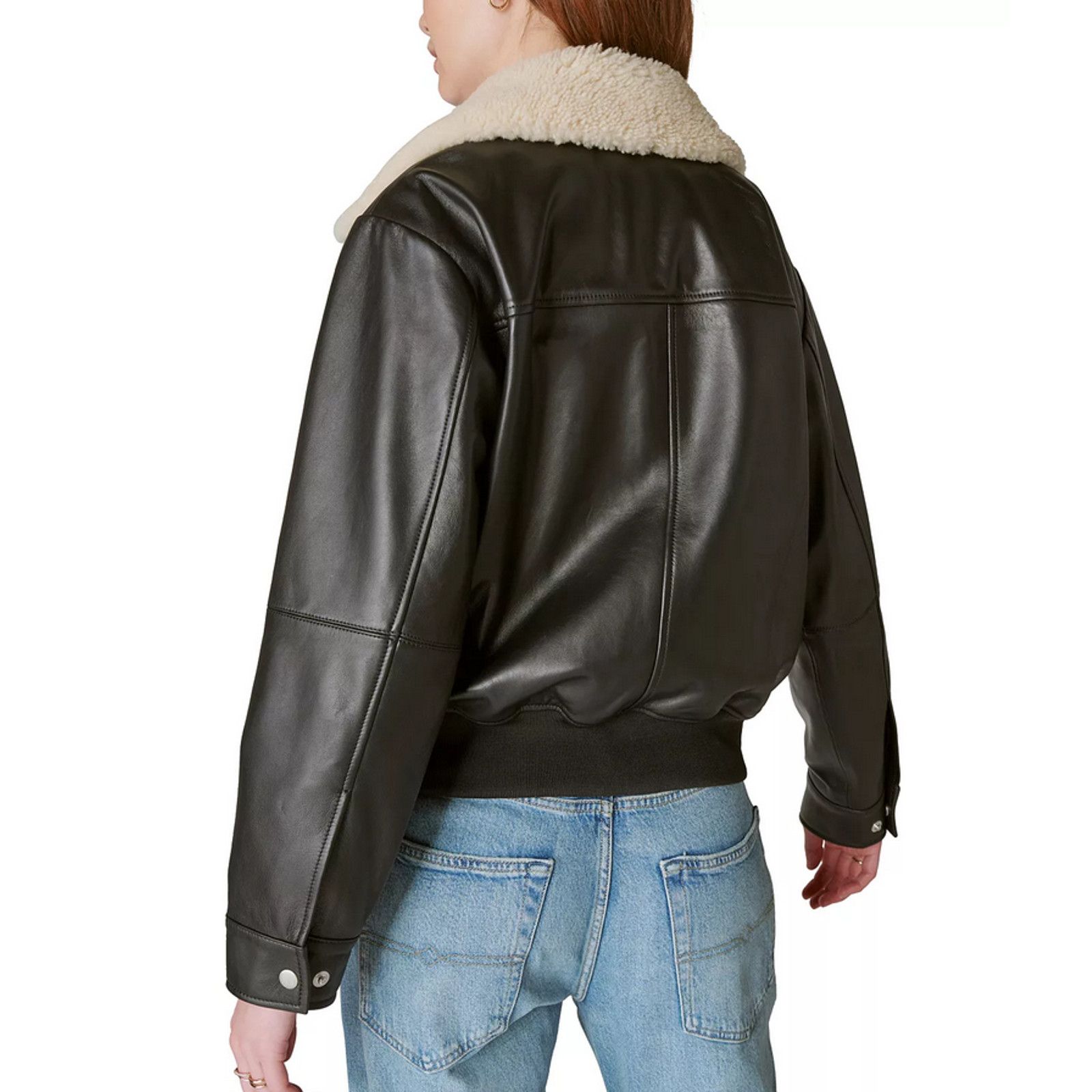 Lucky Brand Leather Shearling-Collar Bomber Jacket Black