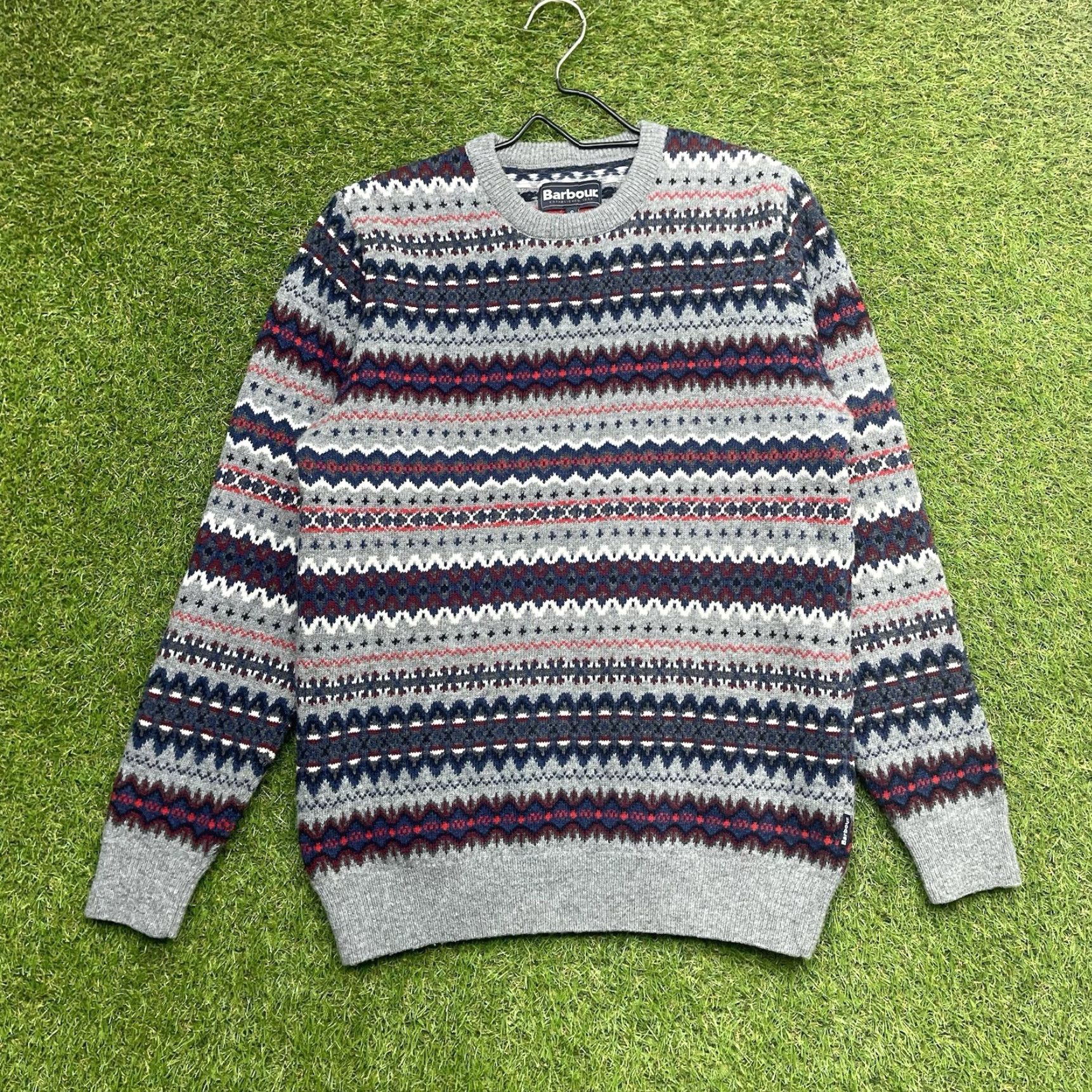 Barbour VINTAGE Barbour Wool Sweater Mens S Gray Crew Neck Pullover 90s Fair Isle Knit Twill Tartan Size US S / EU 44-46 / 1 - 2 Thumbnail