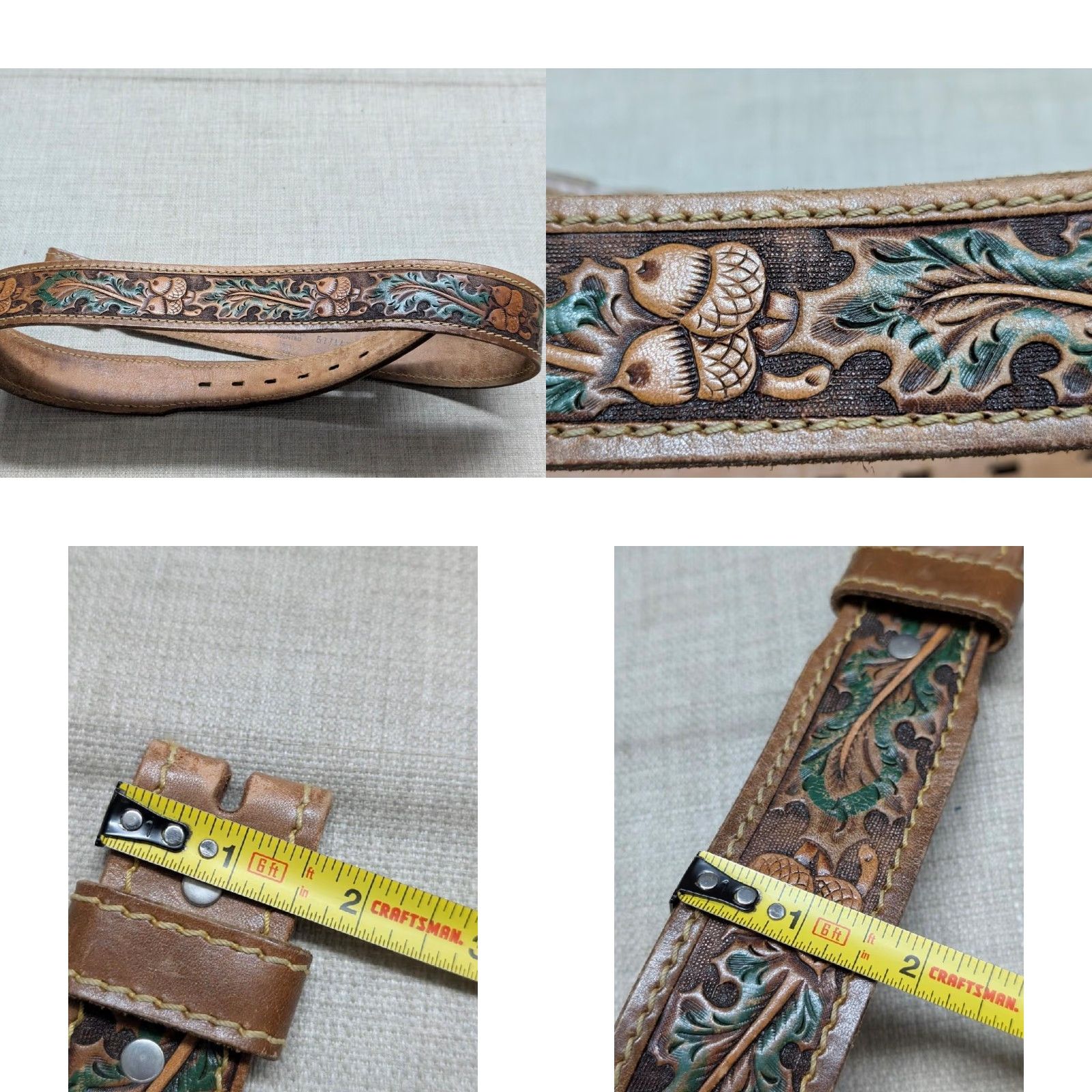 Vintage VINTAGE western belt tooled hand crafted 38 brown cowhide leather ACORNS buckle tapered belt Mens Size 38 - 9 Thumbnail