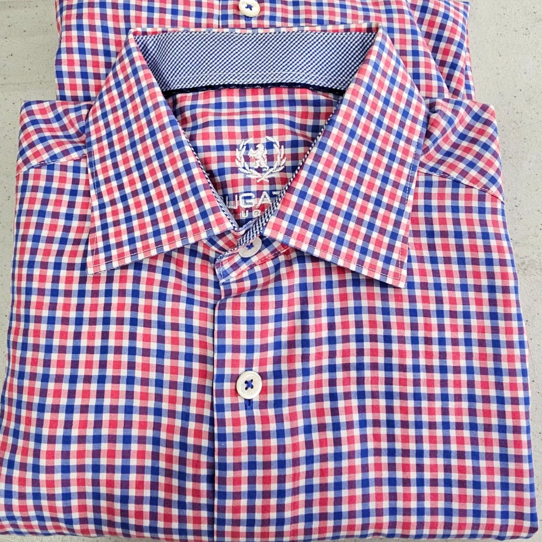 BUGATCHI Bugatchi Uomo Dress Shirt Mens 15 32/33 Blue Pink Gingham Check Woven Cotton Multi Size 40R - 2 Thumbnail