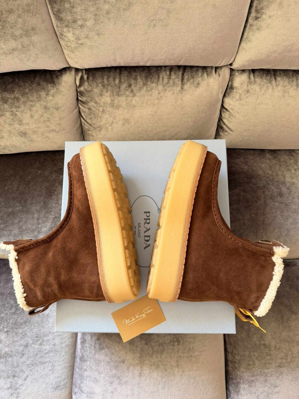 Prada BNWT $1450 Prada Brown Suede Leather Lambskin Fur Boots Size US 8 / IT 38 - 8 Thumbnail