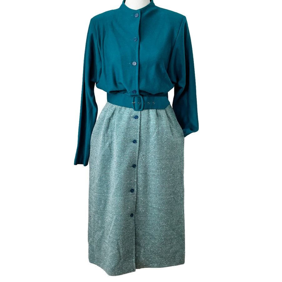 Vintage Vintage 70s/80s Teal Wool Blend Tweed Button Up Dress size S Size S / US 4 / IT 40 - 2 Thumbnail