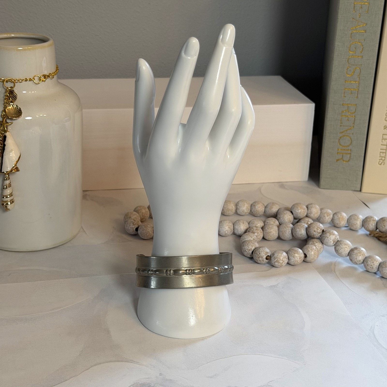 Vintage Rustic VTG Garden Pewter Raised Bead Pattern Cuff Bracelet Size ONE SIZE - 2 Thumbnail