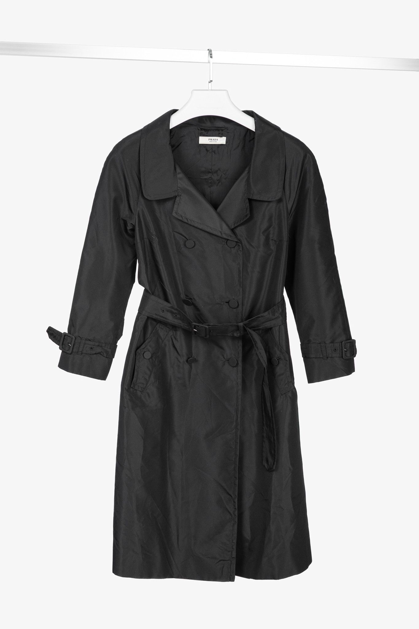 Prada Prada Black Silk-Taffeta Belted Double-Breasted Trench Coat Size S / US 4 / IT 40 - 1 Thumbnail