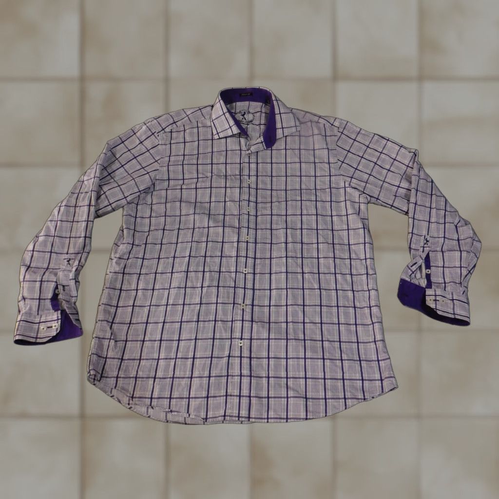 BUGATCHI Bugatchi Shirt Mens 2XL Purple White Plaid Classic Fit Long Sleeve Button Up Dress Shirt Size 48R - 1 Thumbnail