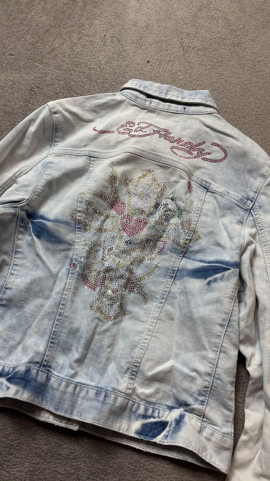 Ed Hardy Y2K Ed Hardi Vintage Rhinestone Washed Denim Cropped Jacket Size S / US 4 / IT 40 - 5 Thumbnail