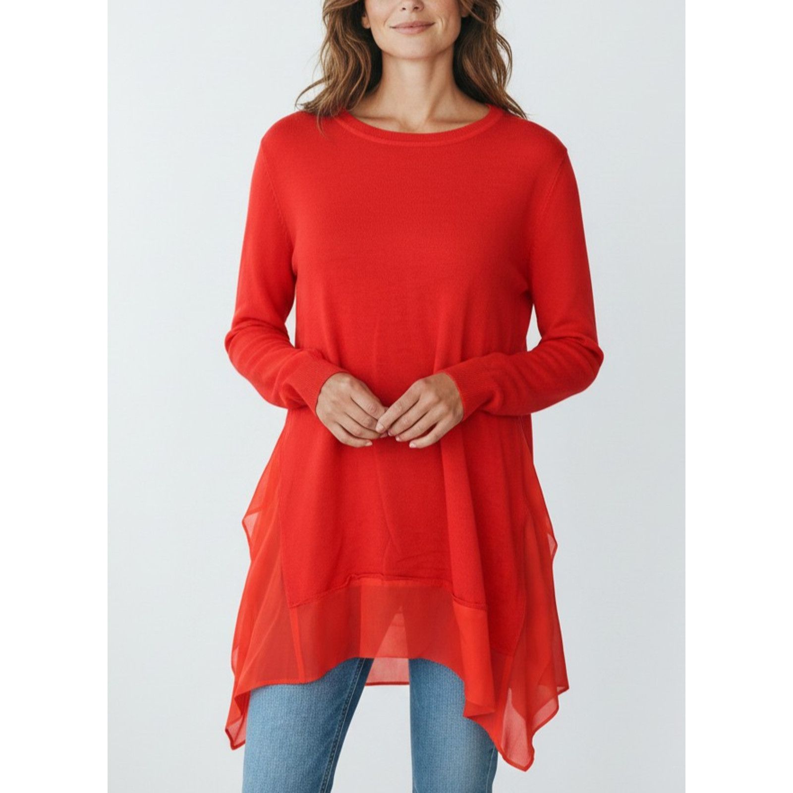 Emilio Pucci EMILIO PUCCI Red Wool Tunic Tie-Side Chiffon Hem Top Size S Size S / US 4 / IT 40 - 1 Thumbnail