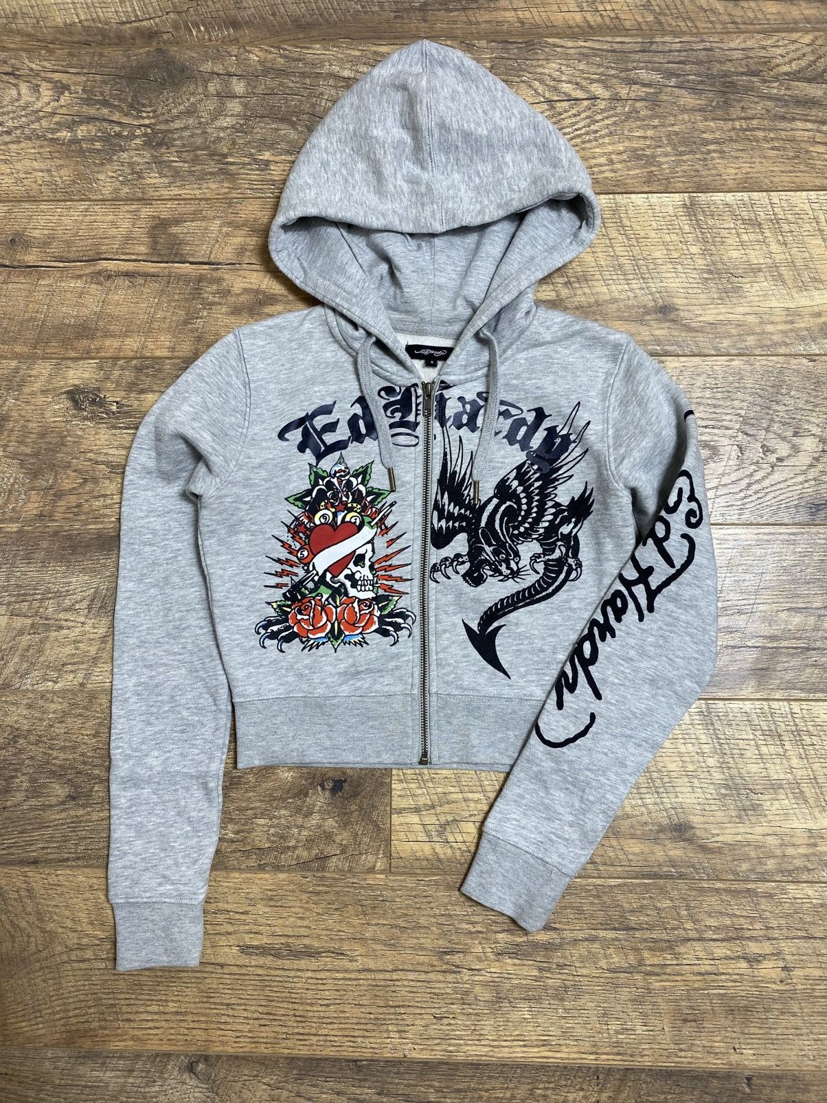 Ed Hardy Ed Hardy Y2K Grey Cropped Tattoo Graphic Zip-Up Hoodie S Size S / US 4 / IT 40 - 1 Thumbnail