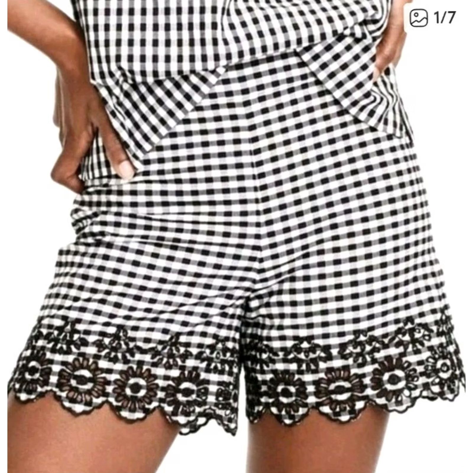 J.Crew J.CREW High Rise Gingham Eyelet Scallop Hem Shorts Elastic Waistband Size 8 New Multicolor Cotton Classic Womens Size 30" / US 8 / IT 44 - 2 Thumbnail