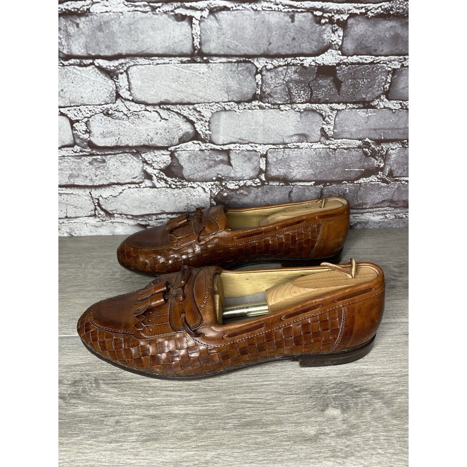 Johnston & Murphy Johnston & Murphy Brown Leather Woven Kiltie Tassel Loafers Size US 12 / EU 45 - 22 Thumbnail