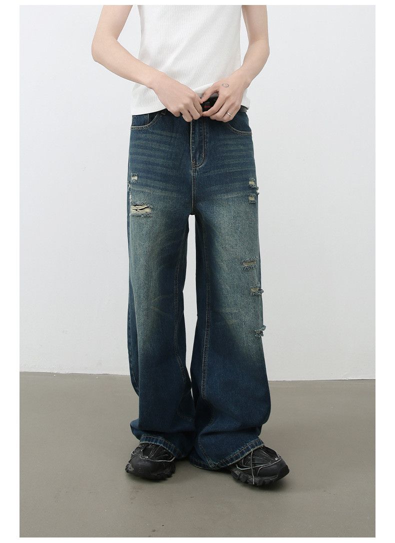 Japanese Brand × Jean Men's trendy loose straight retro versatile ripped jeans Size US 32 / EU 48 - 2 Thumbnail