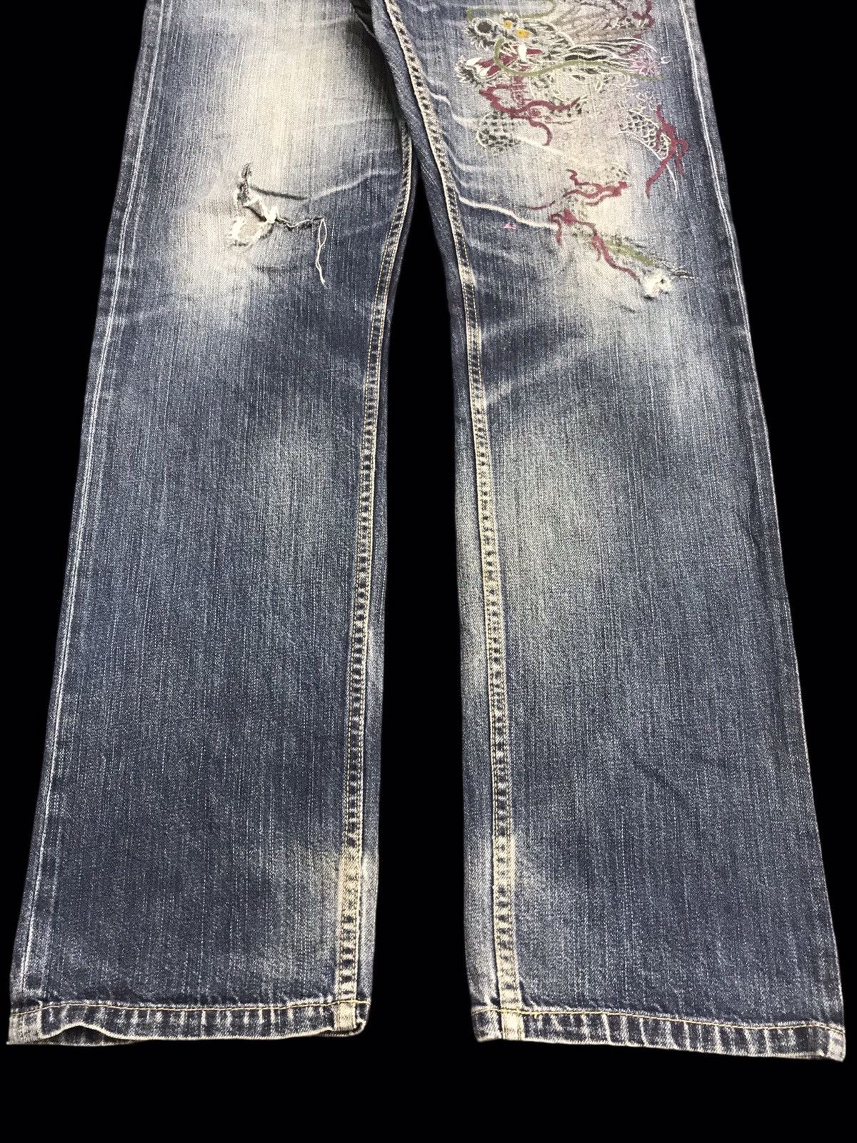Japanese Brand 💥ART💥Very Rare Japan Dragon Embroidery Distresed Denim F29 Size US 35 - 6 Thumbnail
