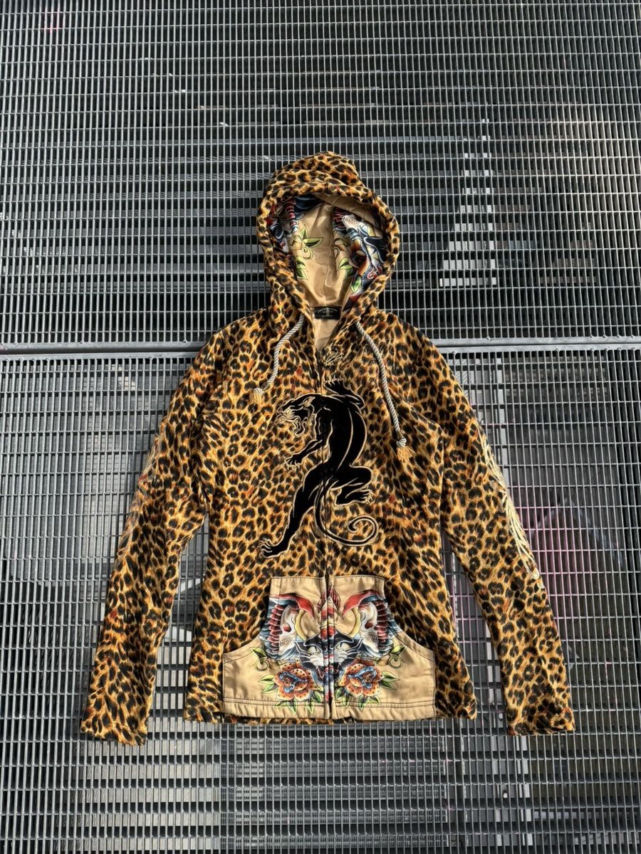 Vintage Christian Audigier Leopard Y2K Overprinted Zip