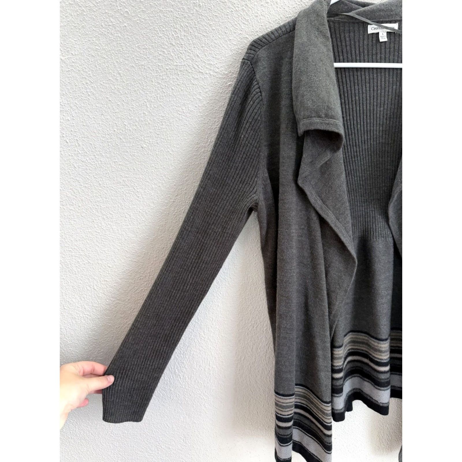 Barrow Croft and Barrow Womens Cardi Size Large Gray Bottom Striped Ribbed Open Front Cardigan Knit Sweater All Seasons Regular Size 36" / US 14 / IT 50 - 2 Thumbnail