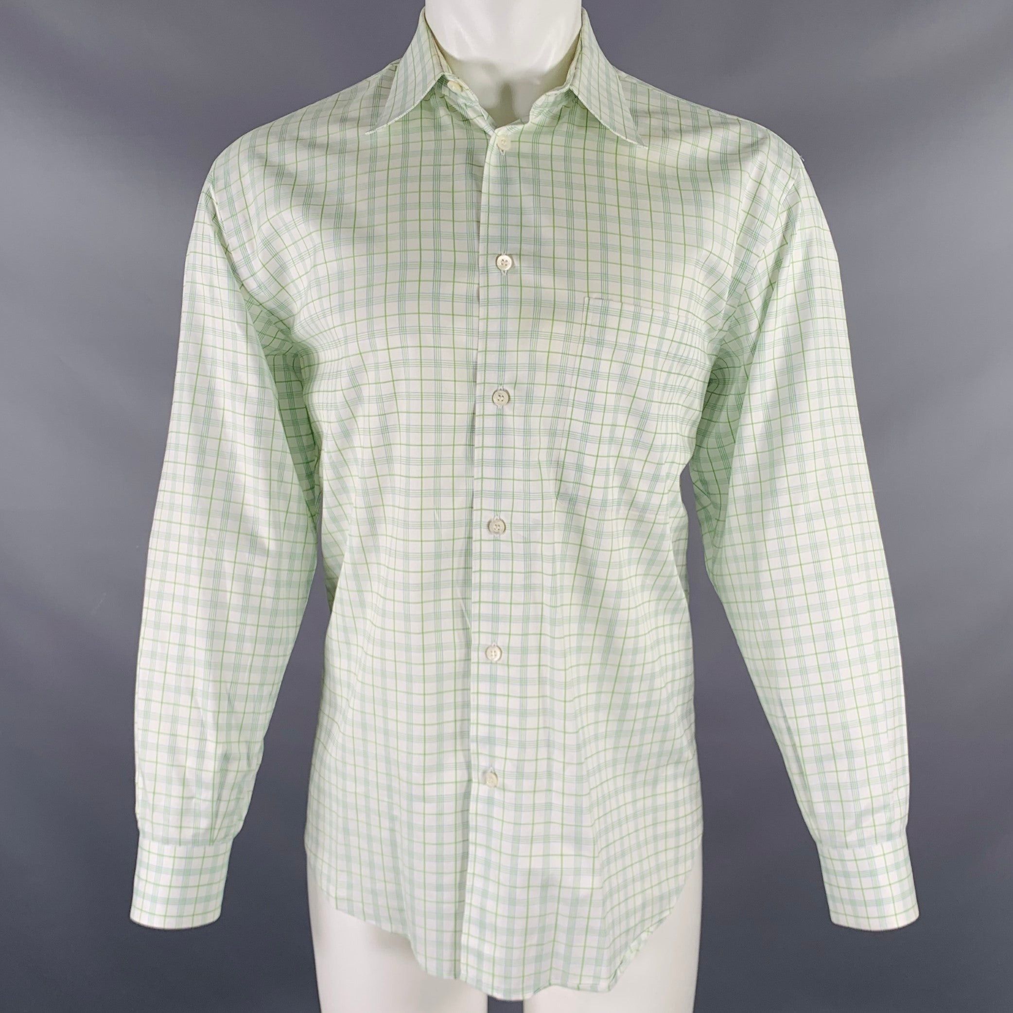 image of Brioni White Green Plaid Cotton Button Up Long Sleeve Shirt, Men's (Size Medium)
