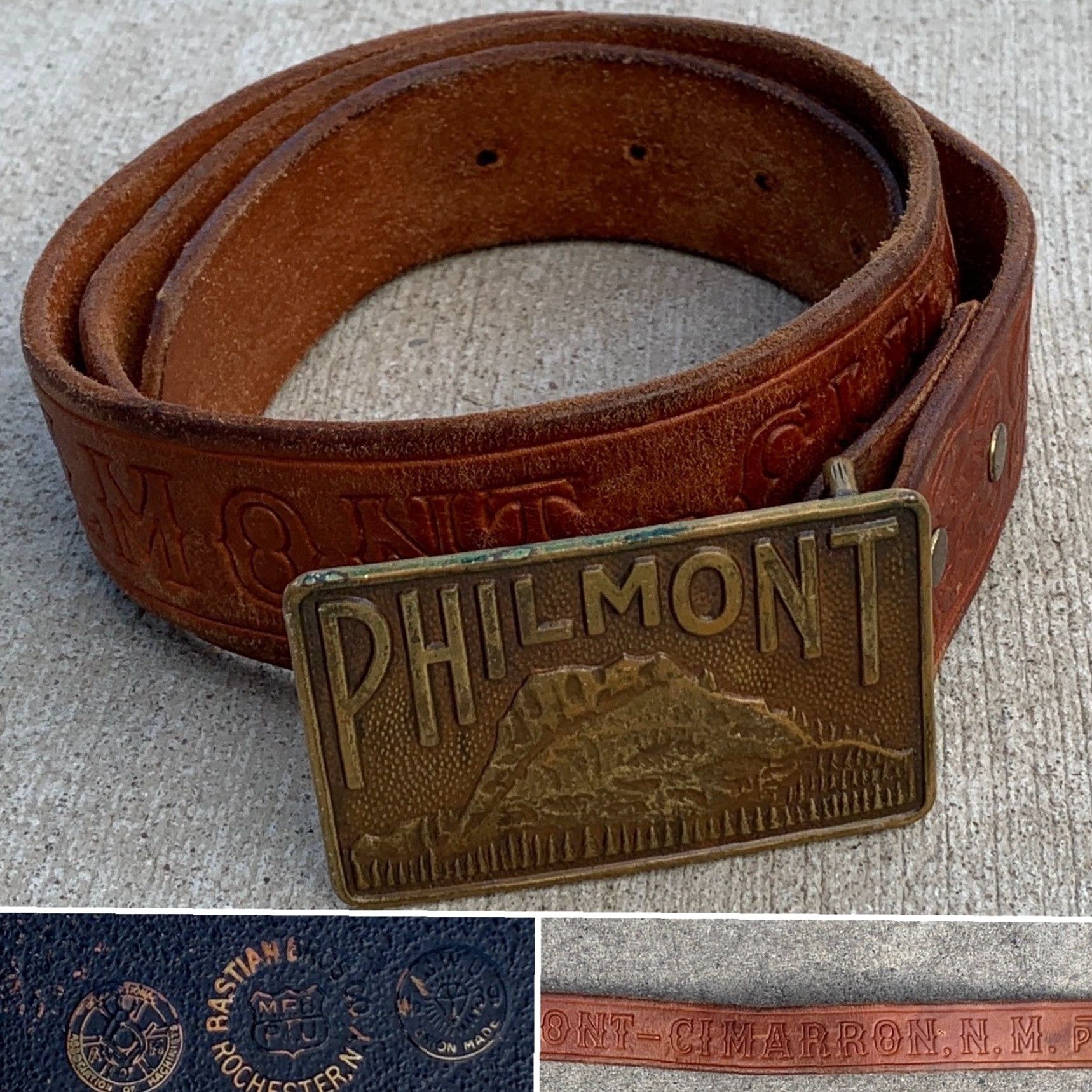 Vintage Philmont Belt Buckle Bastian Bros Co Rochester NY 1939 Union Made Tooled Leather Belt Brown Men Vintage Cowboy Western Size ONE SIZE - 2 Thumbnail