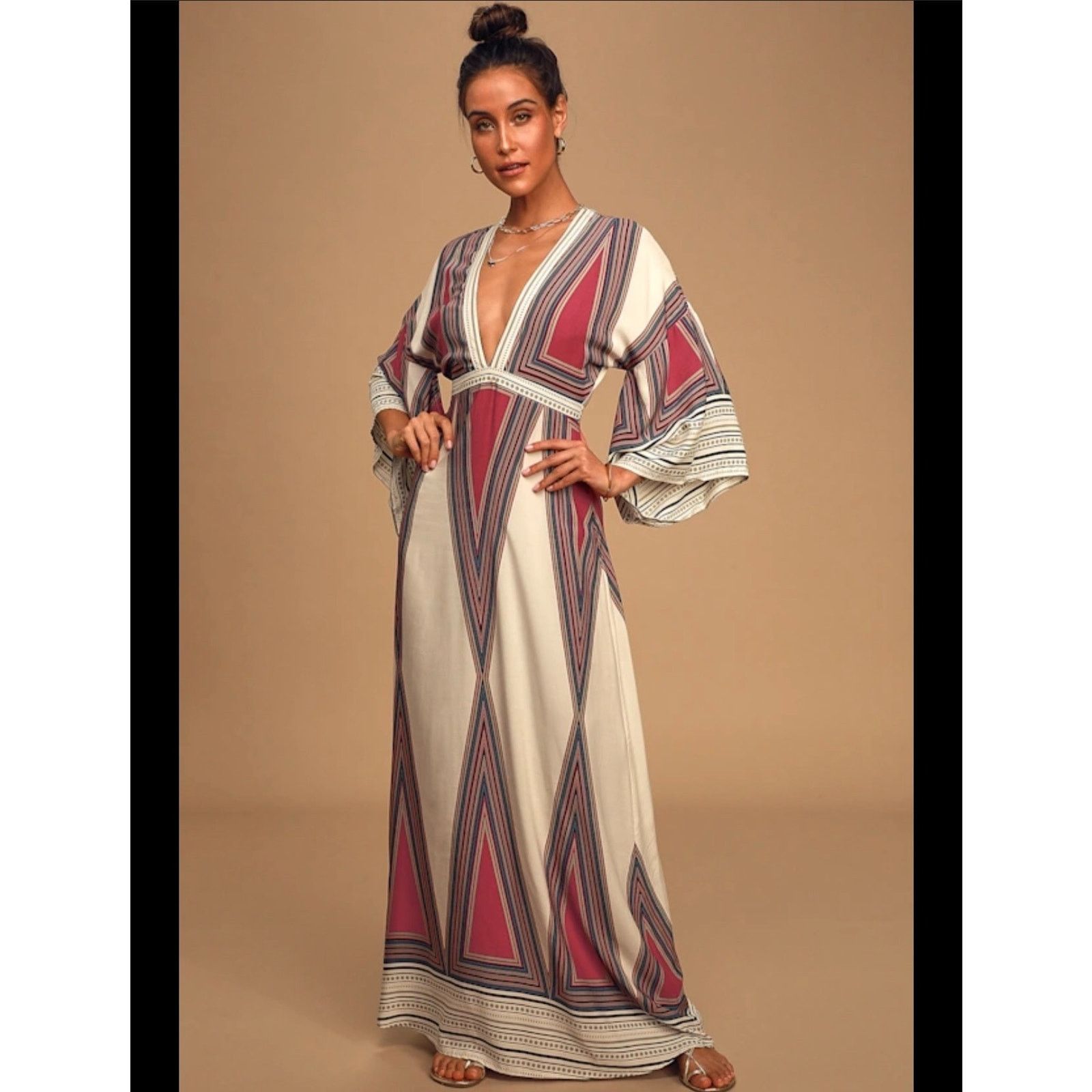 Lulus Lulus Montecito Maxi Dress Small V-Neck Kimono Red Boho Blue Size S / US 4 / IT 40 - 1 Thumbnail