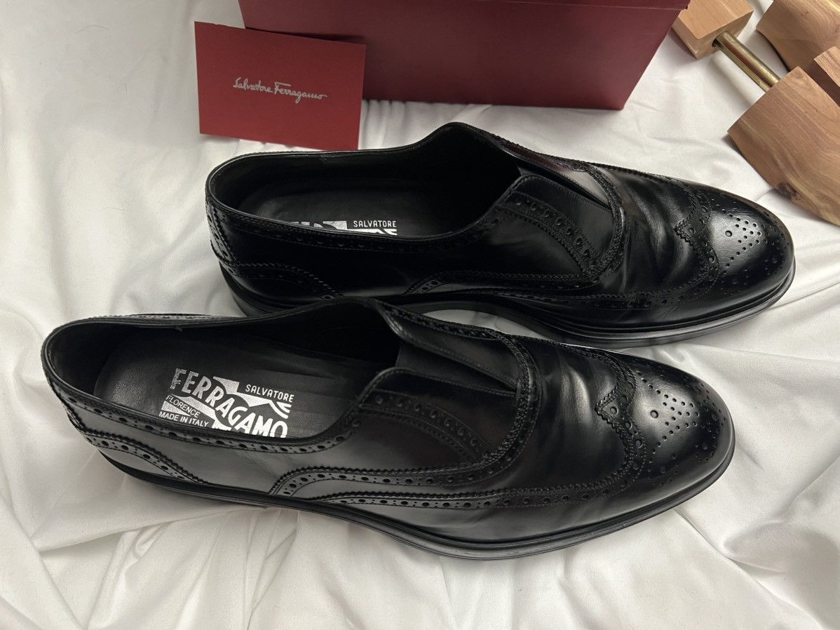 Salvatore Ferragamo Gambit Black Calf Slip-on Brogue Size US 11 / EU 44 - 3 Thumbnail