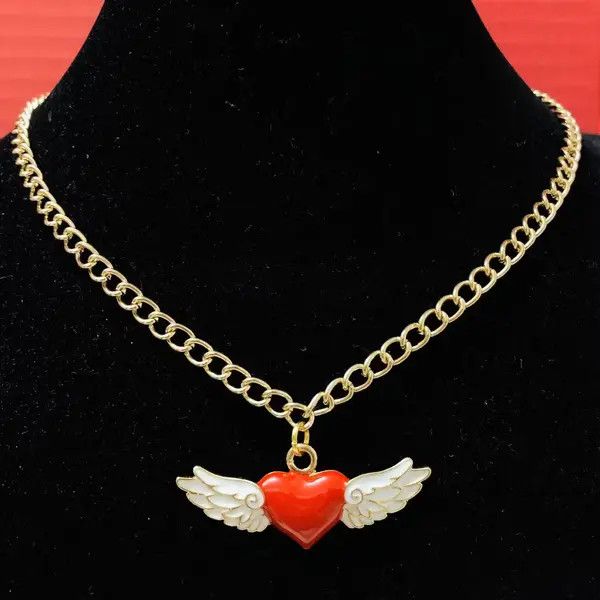 Japanese Brand Unisex Red Angel Heart Wings Curb Chain Choker Necklace Size ONE SIZE - 4 Thumbnail