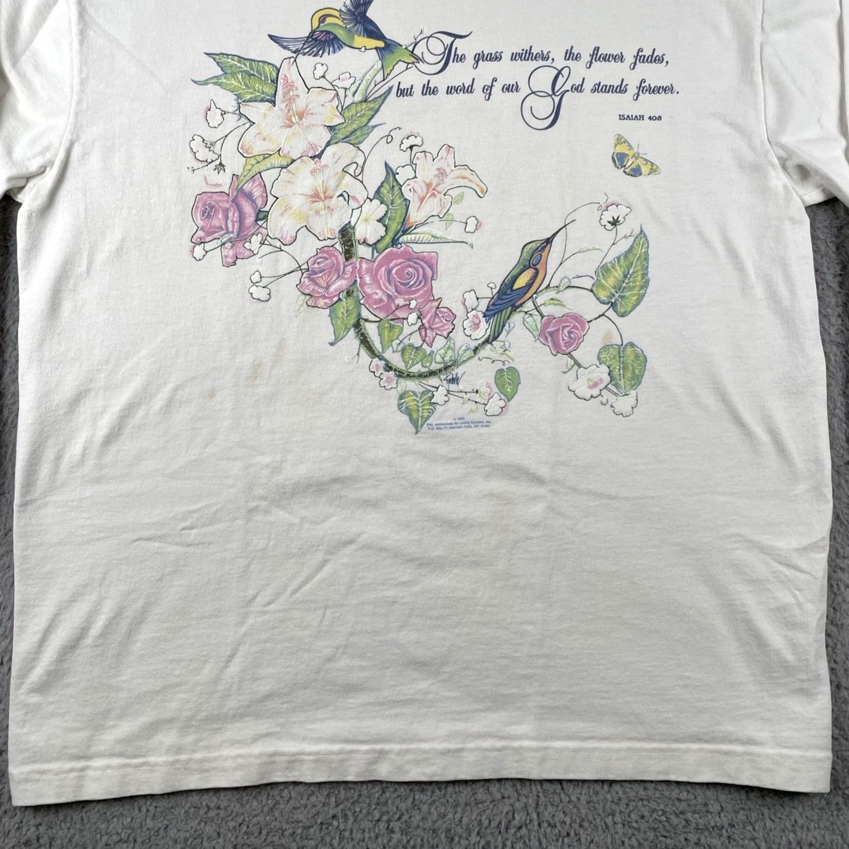 Anvil VINTAGE Anvil Shirt Long Sleeve XL White Floral Hummingbird 90s 80s Jesus Bible Isaiah 40:8 Mens Size US XL / EU 56 / 4 - 6 Thumbnail