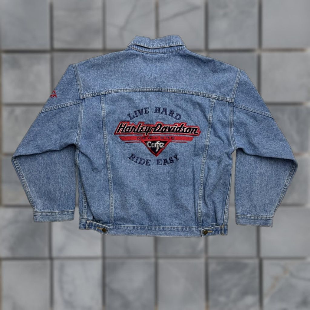 Harley Davidson VINTAGE Harley-Davidson NY Jacket Mens Large Blue Denim Cafe Embroidered 90s Size US L / EU 52-54 / 3 - 1 Thumbnail