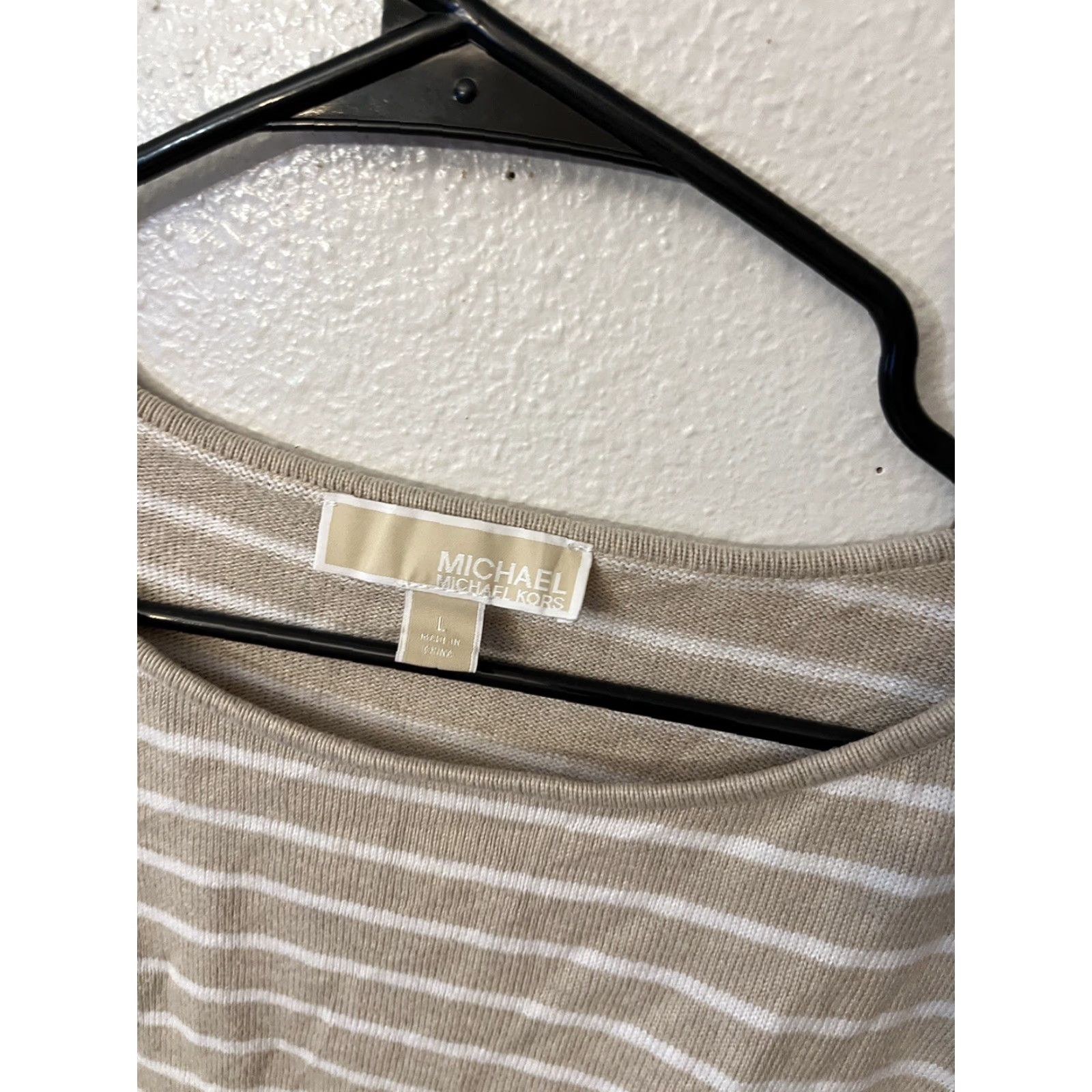 Michael Kors Michael Kors Women's Large Tan White Striped Pullover Sweater with Side Ties, Casual Knit, 3/4 Sleeve, Relaxed Fit, Classic Marine Theme Size L / US 10 / IT 46 - 2 Thumbnail