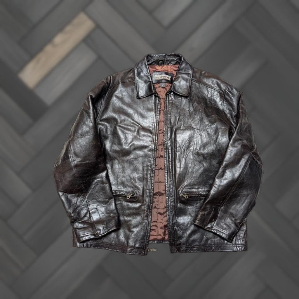 VINTAGE Structure Motorcycle Jacket XL Brown Leather - Men's Jacket 90s Loose Patina 48-50 Chest Zip Closure Stiff Cowhide Motorcycle Model