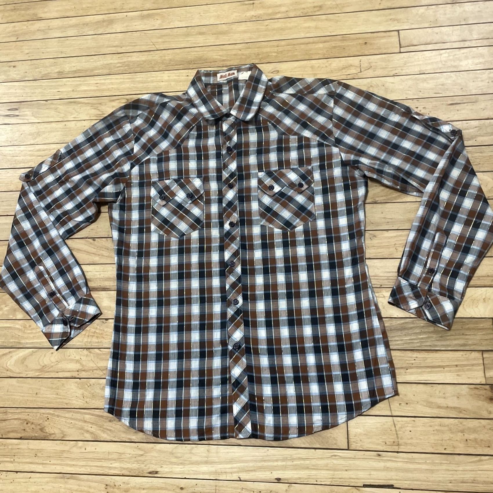 Vintage MadMan Vintage 1970s Shirt Men L Brown Gold Brocade Stripe Western Cowboy 42" Size US L / EU 52-54 / 3 - 3 Thumbnail